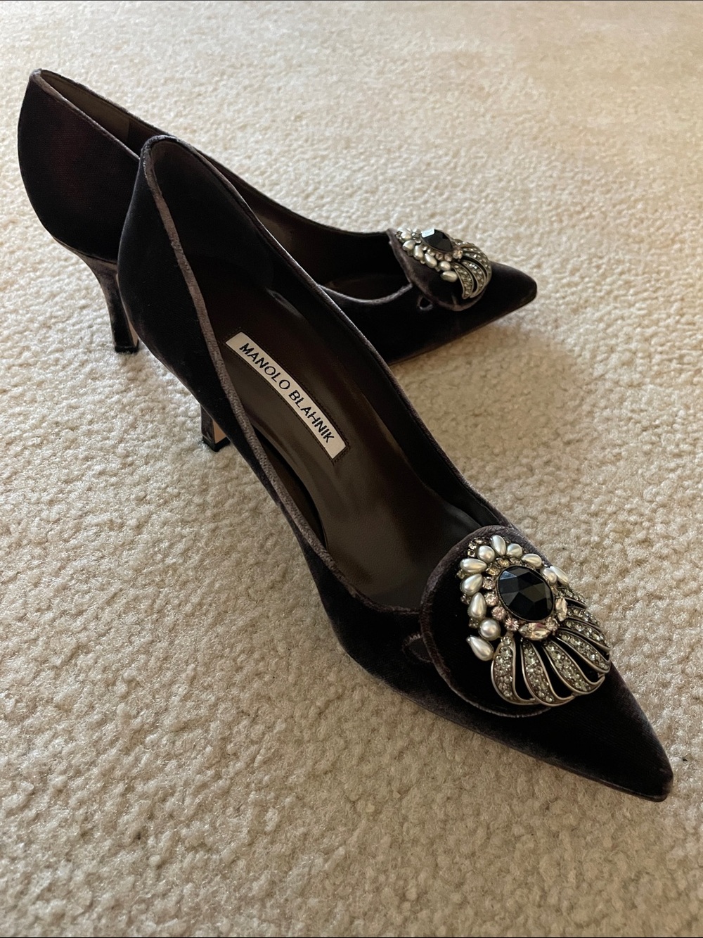 Manolo Blahnik Sample Sale Velvet Pointed Jeweled Stilettos, Size 37.5